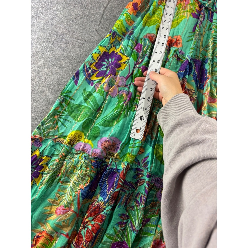 Me 2 Magic Floral Maxi Dress Green Tropical Gold Metallic Boho Smocked Womens S - Picture 7 of 7